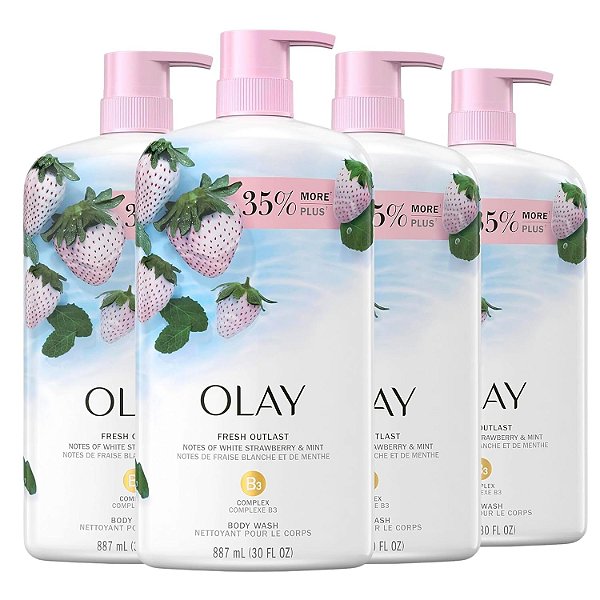 Olay Fresh Outlast Sabonete Líquido para o Corpo para Mulheres, Morango Branco e Hortelã, Complexo de Vitamina B3, 30 fl oz (Pacote com 4)
