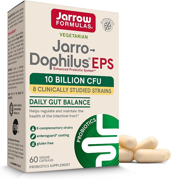 Fórmulas Jarrow Jarro-Dophilus EPS Probióticos 10 Bilhões UFC, Suplemento Dietético para Suporte ao Trato Intestinal, Suplementos para Saúde Intestinal para Mulheres e Homens, 60 Cápsulas Vegetais