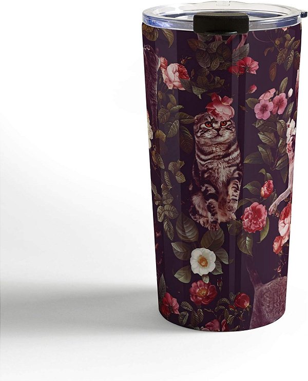Caneca de Viagem Padrão de Gato e Floral Burcu Korkmazyurek da Society6, 20oz, Multi