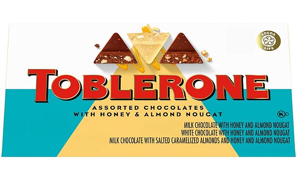 Caixa de Presente de Chocolate Toblerone (Chocolate ao Leite, Chocolate Branco e Barras de Chocolate ao Leite com Amêndoas Caramelizadas e Salgadas), Doces de Chocolate para o Dia dos Namorados, 9 Barras de 3