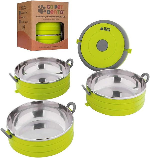 Potinhos de Viagem para Cachorros da Healthy Human | Tigela Bento Go Pet de Aço Inoxidável | Tigelas de Alimento Empilháveis para Gato e Cachorro | Conjunto de 2 Potinhos Entrelaçados,