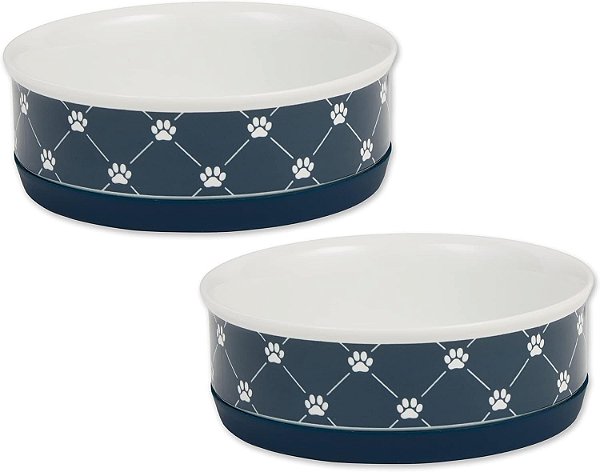 Conjunto de tigelas para animais de estimação com estampa de patas de treliça, à prova de micro-ondas e lava-louças, fundo de silicone antiderrapante para menos bagunça, médio 6x2, mar