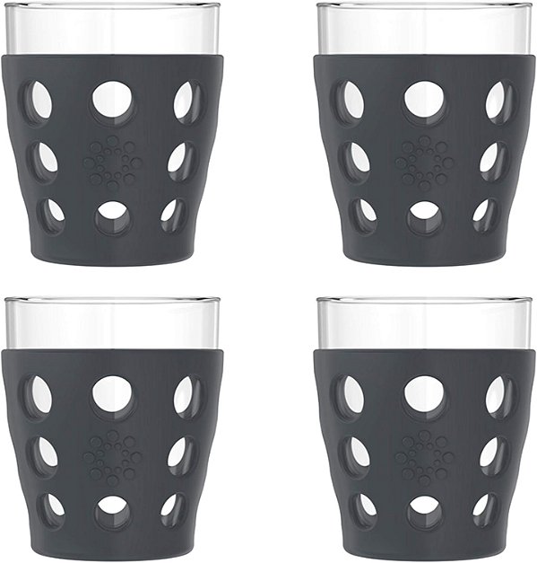 Copos para Bebidas Lifefactory de 10 Onças com Capas de Silicone Protetoras, 4 Unidades (Pacote com 1), Carbono
