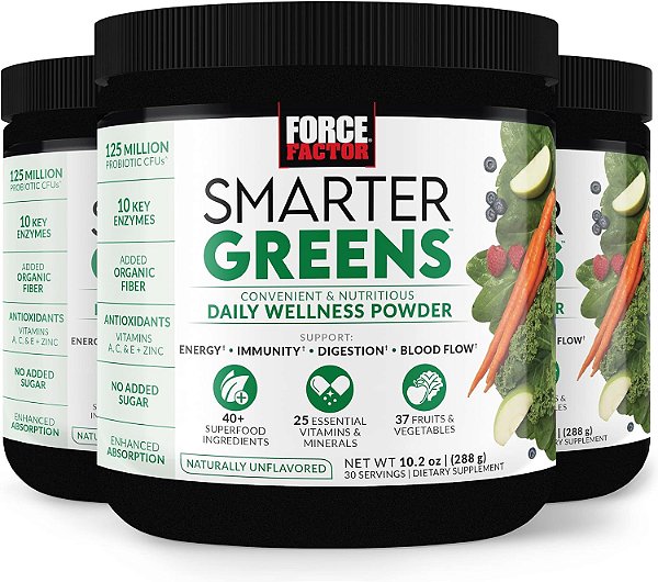 FORCE FACTOR Pó diário para o bem-estar Smarter Greens 3-Pack para apoiar energia, imunidade e digestão, Pó de vegetais, Pó de superalimento com vitaminas, minerais e probióticos, Sem sabor,