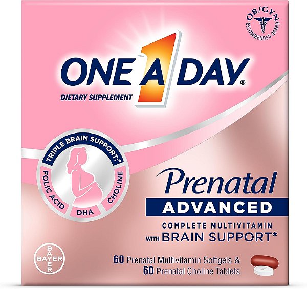 Vitamina pré-natal completa avançada para mulheres One A Day com suporte cerebral* com colina, ácido fólico, ômega-3 DHA e ferro para pré, durante e pós-gravidez, 60+60 comprimidos
