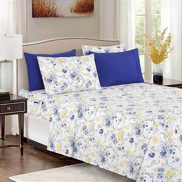 Conjunto de lençóis 4 peças Floral Jenna Gold - Conforto Elegante, Macio e Aconchegante - Microfibra de Qualidade Premium 1500, Profundo Bolso, Resistente a Rugas - Tamanho Solteiro