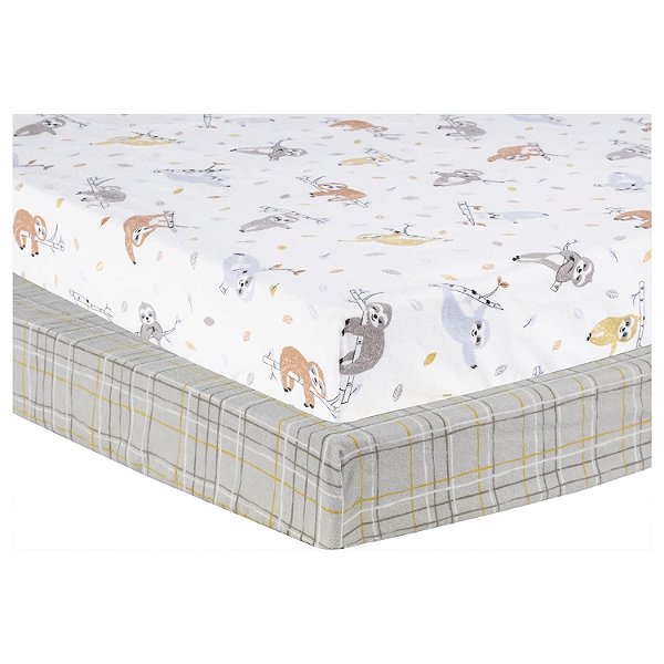 Lençóis de Flanela para Playard Slothing Around 2 Pack - Preguiças - Vermelho, Azul, Cinza, Amarelo, Branco; Xadrez Country - Cinza, Marrom, Amarelo, Branco; Cabe em Col