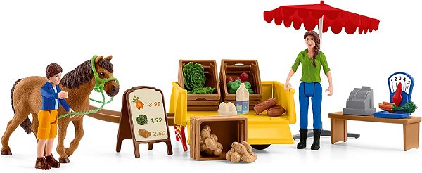 Mundo da Fazenda SCHLEICH, Conjunto de Brinquedos de Fazenda com 21 Peças, Brinquedos de Fazenda para Meninas e Meninos de 3 a 8 Anos, Banca Móvel da Fazenda em