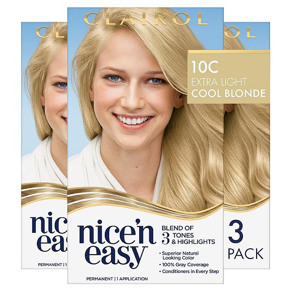 Clairol Nice'n Easy Tintura Permanente para Cabelos, 10C Loiro Claro Extra Frio, Pacote com 3 unidades