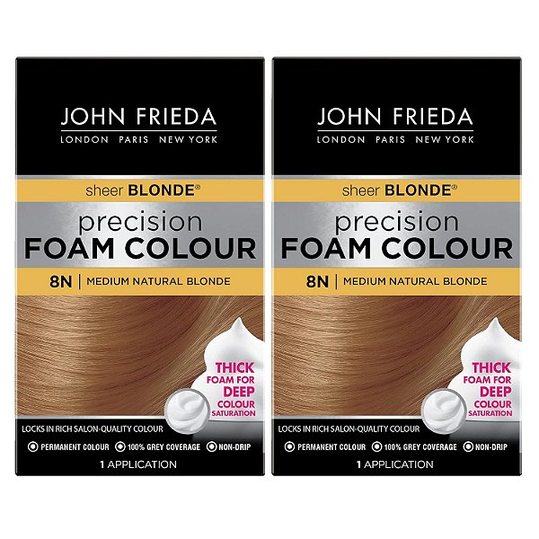 John Frieda Cor de Espuma de Precisão, Louro Natural Médio 8N, Kit de Cor de Cabelo de Cobertura Total, com Espuma Espessa para uma Saturação Profunda da Cor - Pacote com 2