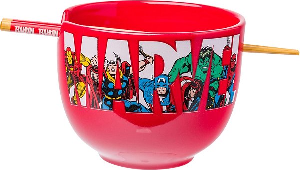 Tigela de ramen de cerâmica em caixa com personagens retrô da Marvel Comics e palitos, 20 onças, 20oz.