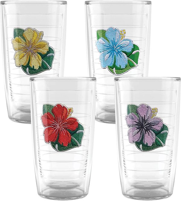 Coleção de Copos Tervis Ilha Tropical Hibiscus Fabricado nos EUA Copo Isolado de Parede Dupla Mantém Bebidas Frias e Quentes, 16oz 4 unidades, Sortido Tropical Hibiscus - Sem Tampa
