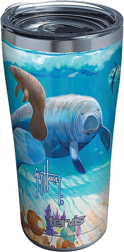 Caneca de viagem isolada com parede tripla e isolamento Tervis Guy Harvey Manatee mantém bebidas frias e quentes, 20oz Legado, Aço inoxidável