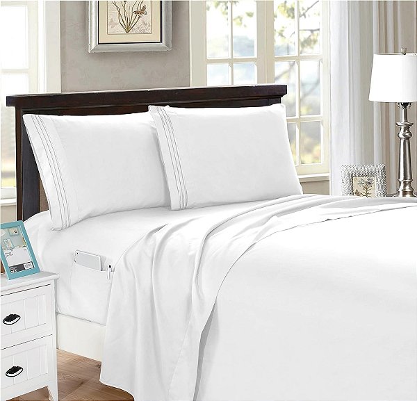 Conjunto de Lençol Inteligente Luxuoso para Cama Queen-size 4 peças! Macio, de Qualidade Premier de Hotel com 1500 fios, Resistente a Rugas e Desbotamento, com Bolsos Laterais para Armazenamento na S