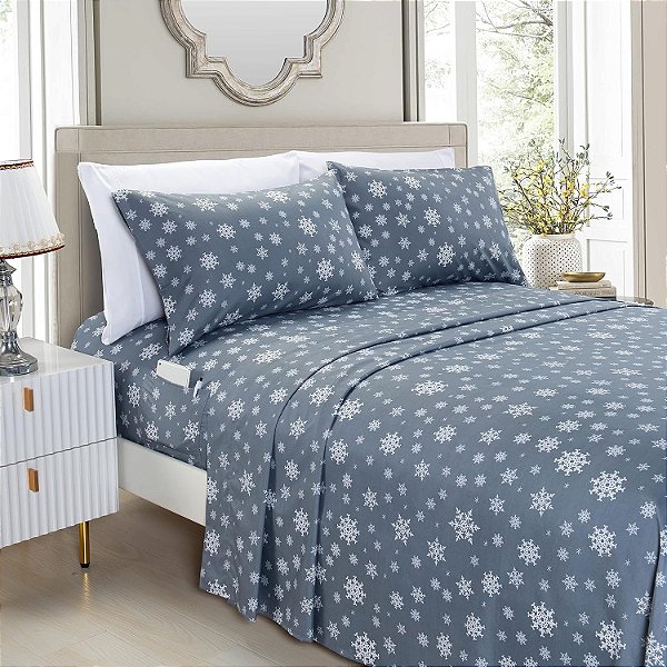 Jogo de cama de luxo Elegant Comfort com estampa de feriado, macio, de alta qualidade Microfibra 1500 - Resistente a rugas e desbotamento (conjunto de 4 peças), solteiro, floco de neve-cinza
