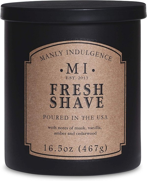 Vela em frasco para barbear fresco Manly Indulgence 16,5 oz - Musk, Baunilha & Bergamota - Âmbar e Cedro amadeirado - Queima até 60 horas - Cera de soja, derramada nos