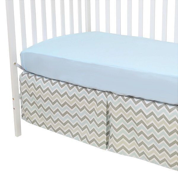 Empresa Americana para Bebês 100% Algodão Percale Lençol de Berço Ajustado e Saia Zigzag, Azul, para Meninos e Meninas.