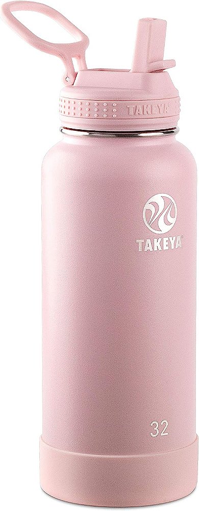 Garrafa de água isolada de aço inoxidável Takeya Actives com tampa de canudo, 32 onças, rosa.