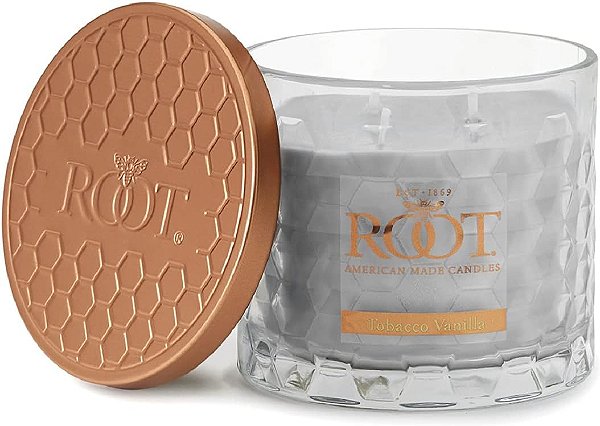 Velas aromáticas Root Candles em vidro em forma de favo de mel Premium Handcrafted Beeswax Blend 3-Wick Candle, 12 onças, Tabaco Baunilha