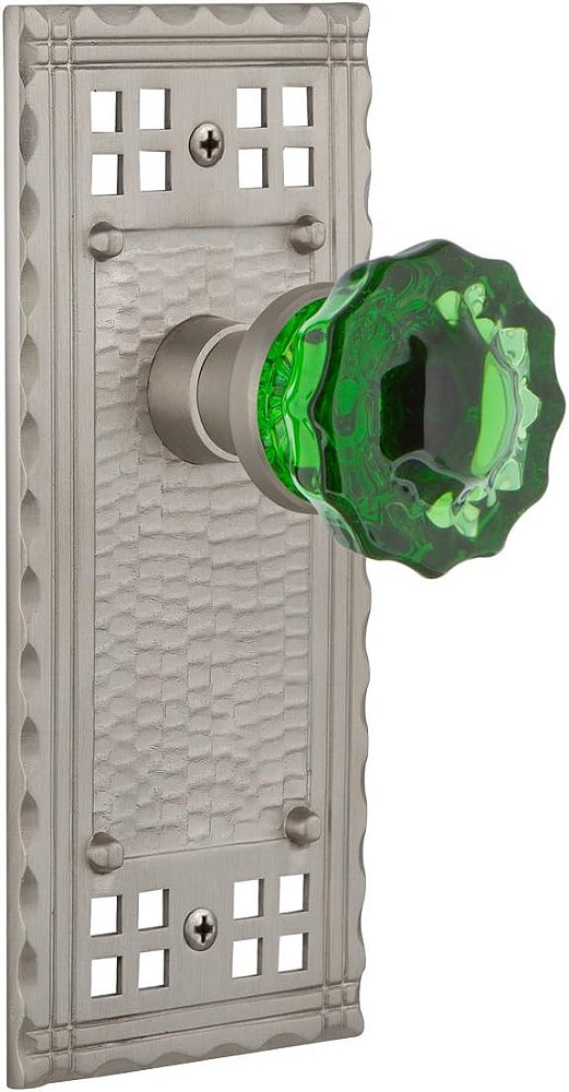 Maçaneta de porta de vidro com placa Craftsman e cristal esmeralda, privacidade, níquel acetinado da Nostalgic Warehouse - 724301
