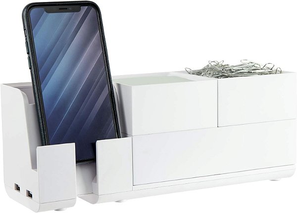 Organizador de mesa e estação de carregamento Bostitch Office Konnect, 2 portas USB e 2 tomadas, carrega telefones e tablets, bandeja de acessórios, design de 4 peças, branco.