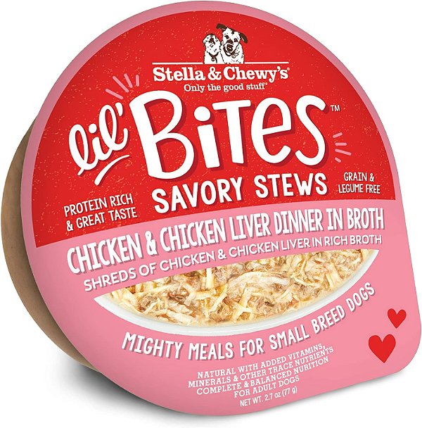 Stella & Chewy's Pequenos Bocados Ensopados Saborosos para Raças Pequenas Jantar de Frango e Fígado de Frango em Caldo, Copos de 2,7 Oz. (Pacote com 12)