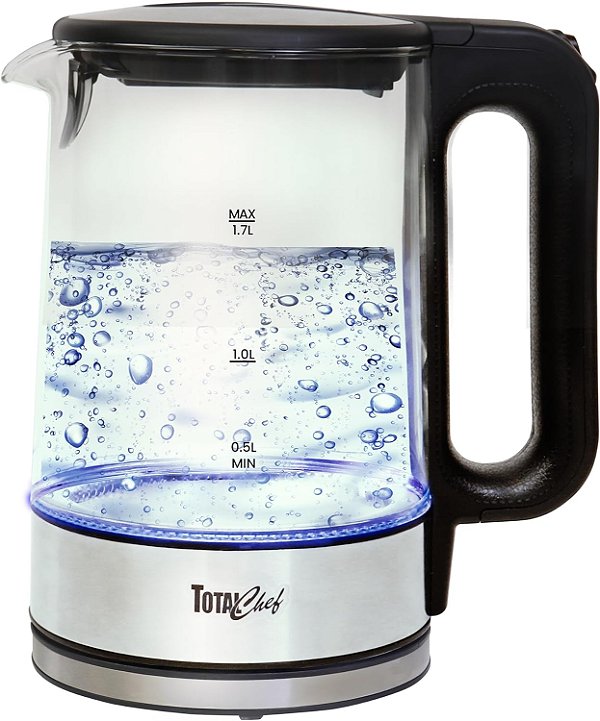 Chaleira Elétrica Total Chef, 1,8QT/1,7L de Vidro Transparente, Chaleira Sem Fio para Despejar Água Quente, Luz LED, Desligamento Automático, Proteção Contra Superaquecimento, F