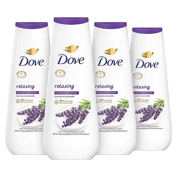 Dove Sabonete Líquido Relaxante Óleo de Lavanda e Camomila 4 Unidades para Renovar uma Pele Saudável e com Aparência Jovem - Limpeza Suave da Pele com MicroUmidade Renovadora 24