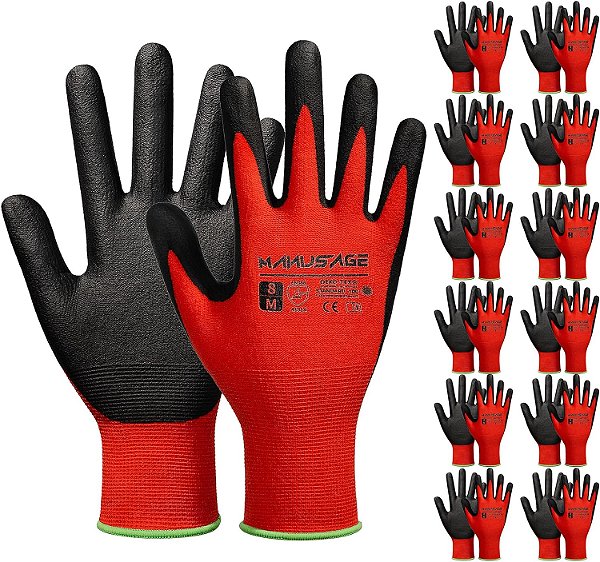 Luvas de trabalho de segurança MANUSAGE para homens e mulheres, luvas de trabalho de nitrilo microfoam, luvas de trabalho finas com dedos touchscreen, luvas de trabalho para mulheres, luvas de trabalho para homens com aderência, 12 p