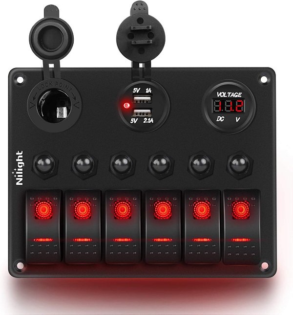 Painel de Interruptor Basculante ON Off de 6 vias Nilight com Iluminação Traseira Vermelha 12V 24V Voltímetro Digital LED 3.1A Carregador USB Duplo Tomada para Isqueiro de Cigar