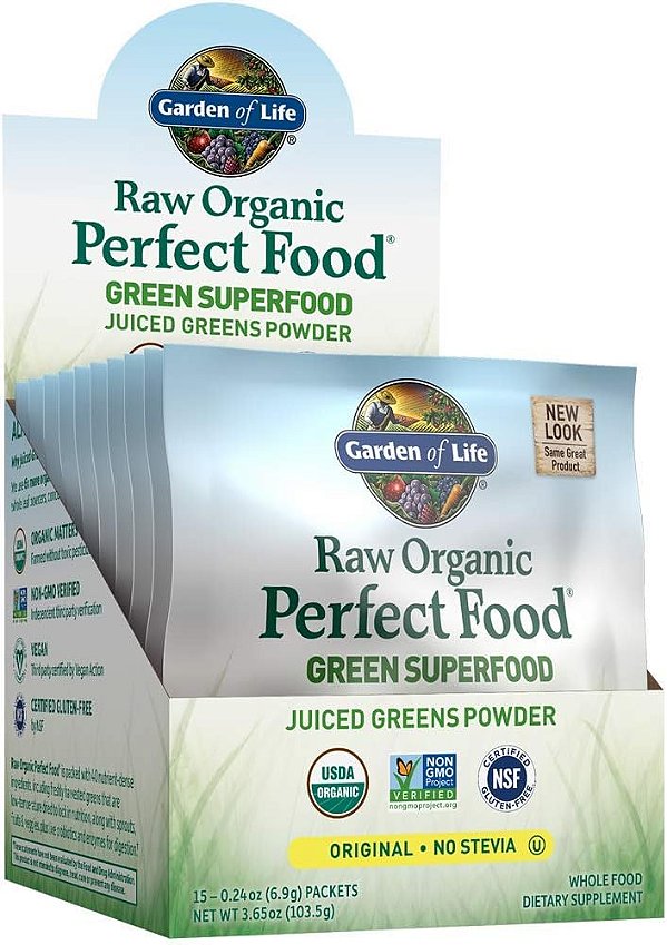 Pó de suco de vegetais orgânicos crus Garden of Life Raw Organic Perfect Food Green Superfood em pacotes individuais - Original sem Stevia (15 unidades) - Suplemento Alimentar Completo, sem OGM, sem glúten, com probióticos