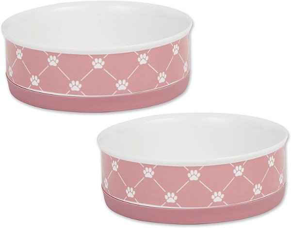 Conjunto de tigelas para animais de estimação com estampa de patinha, à prova de micro-ondas e lava-louças, fundo de silicone antiderrapante para menos bagunça, médio 6x2, rosa, 2 unidades
