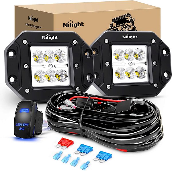 Barra de Luz LED Nilight 2 peças 18W Montagem Embutida Luzes Led de Inundação Fora de Estrada 12V 5Pin Interruptor Basculante Kit de Fiação de Barra de Luz LED, Garantia de 2 An