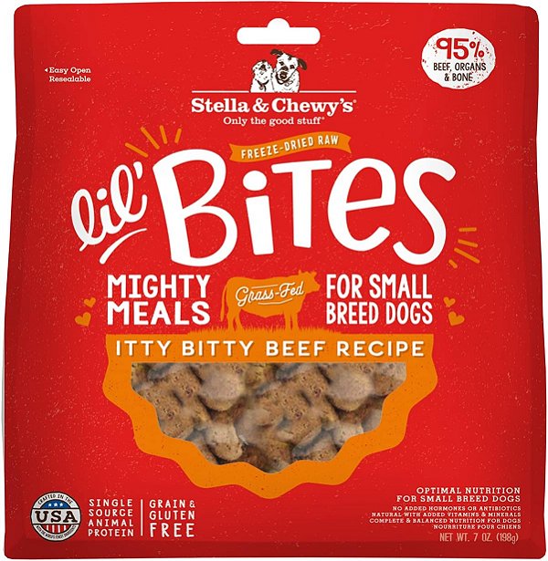 Stella & Chewy's Freeze-Dried Raw Lil' Bites Itty Bitty Beef Recipe Small Breed Dog Food, 7 oz. Bag (Beef) = Stella & Chewy's Alimentos Crus para Cães Pequenos de Raças Pequenas, Receita de
