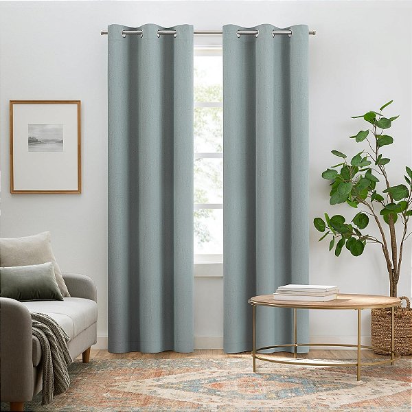 Cortinas de janela com ilhós Eclipse Pembroke 100% Blackout em linho sintético, 63 polegadas de comprimento x 42 polegadas de largura, cortinas térmicas isoladas para redução de ruído na sala de estar