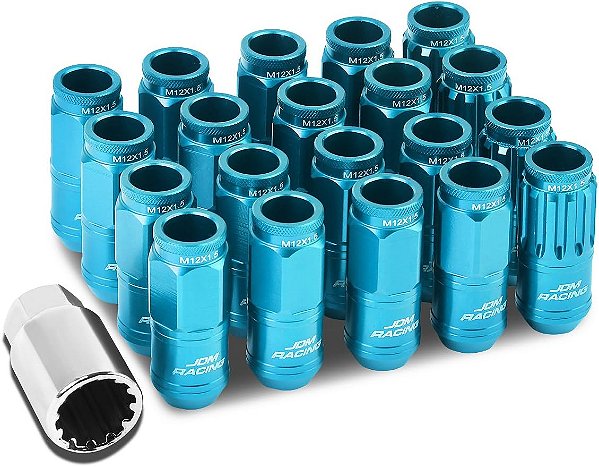 Porcas de roda de extremidade aberta de alumínio M12 x 1,5 21mm OD/50mm de altura DNA MOTORING LN-ZTL-9015-15-LB 16 peças com 4 porcas de travamento e 1 chave de