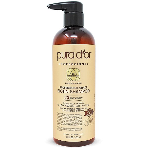 Shampoo de Biotina de Grau Profissional Pura D'OR para Cabelos Ralos, Cuidados Anti-Raros Clinicamente Comprovados, Produtos Espessantes Capilares 2X Concentrados Bloqueadores de DHT para Mulher