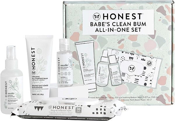 Conjunto de Presente para a Primeira Bagunça do Bebê da Empresa Honest | Essenciais para Recém-Nascidos Livres de Fragrâncias | Lenços 99% de Água, Bálsamo Multiuso, Limpador para o B