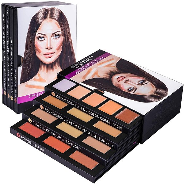 Kit de Maquiagem para Contorno e Destaque de 4 Camadas SHANY - Conjunto de Paleta de Corretivo, Corretor de Cor, Paleta de Base de Maquiagem, Paleta de Contorno e Destaque e Paletas de Blush