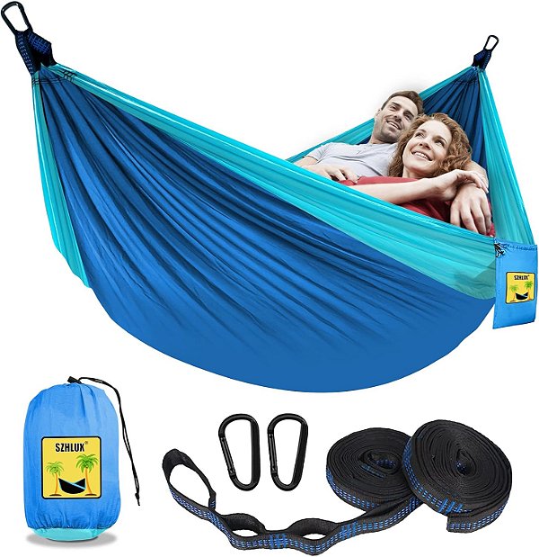 Rede de Acampamento Dupla Portátil SZHLUX com Acessórios e Equipamentos de Acampamento, Ótimo para Caminhadas, ao Ar Livre, Praia, Acampamentos, Azul Escuro e Azul Céu, Grande