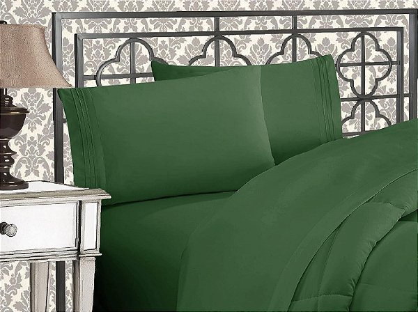 Elegante Conjunto de Lençóis de Cama de Luxo 1500 Premium de Microfibra com Bordado de Três Linhas, Resistentes a Rugas e Desbotamento, Tamanho Completo, Verde Caçador