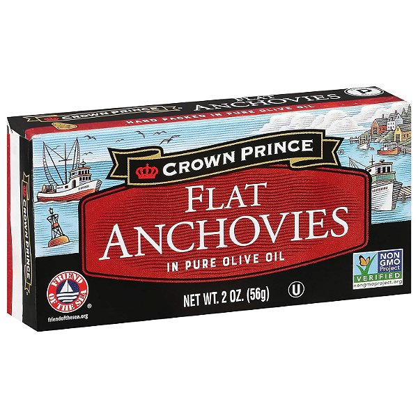 Príncipe da Coroa Anchovas Planas em Óleo de Oliva, Latas de 2 Onças (Pack de 12)