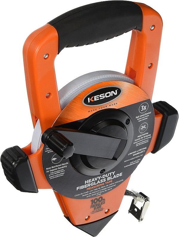 Fita métrica de fibra de vidro Keson OTRS18100 com gancho, rebobinamento rápido (Graduações: ft., pol. 1/8), 100 pés