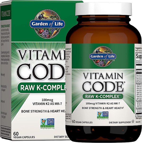 Jardim da Vida Vitamina K2 e K1, Complexo de Vitamina K Vegan Vitamin Code para Força Óssea e Saúde do Coração, Vitamina K1 e K2, Óleo de Semente de Linhaça Rico em Ômega