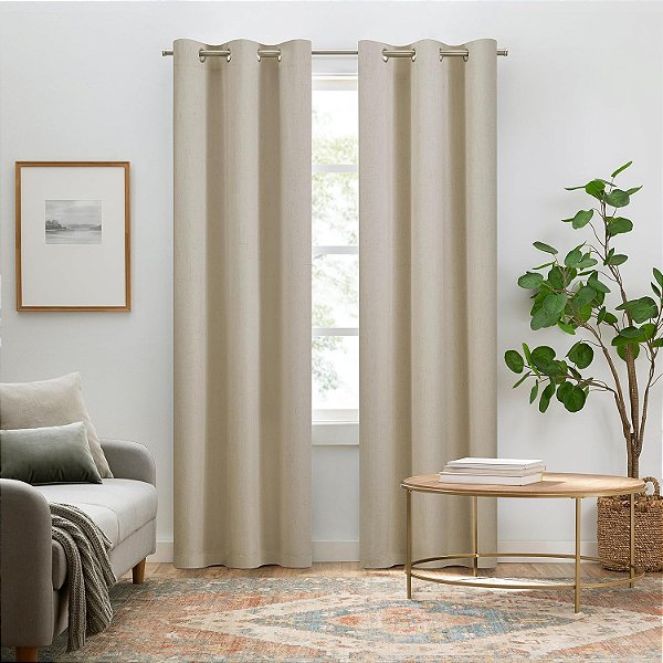Cortinas de janela com ilhós Eclipse Pembroke 100% Blackout, Faux Linen, 160cm de comprimento x 107cm de largura, Cortinas Térmicas e Redutoras de Ruído para Sala de Estar, Quarto
