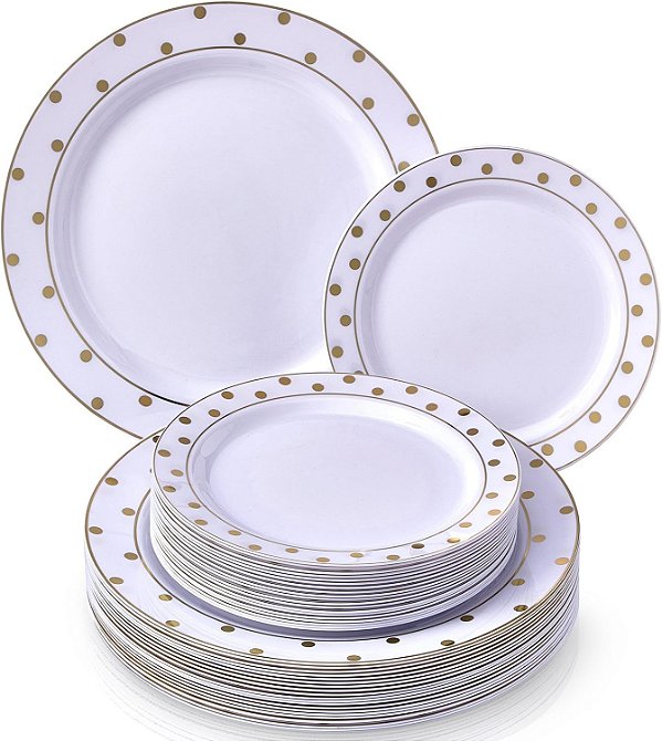 Conjunto de Jantar Descartável com 40 Pratos Laterais da Coleção Pontos Encantadores, 20 Serviços, Branco/Dourado