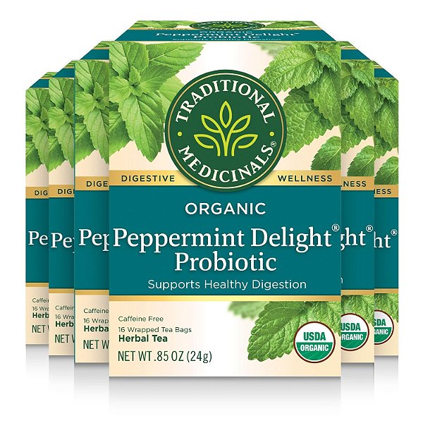 Chá Traditional Medicinals, Hortelã-pimenta Orgânica Delícia Probiótica, Ajuda na Digestão Saudável, 96 Saquinhos de Chá (Pacote com 6)