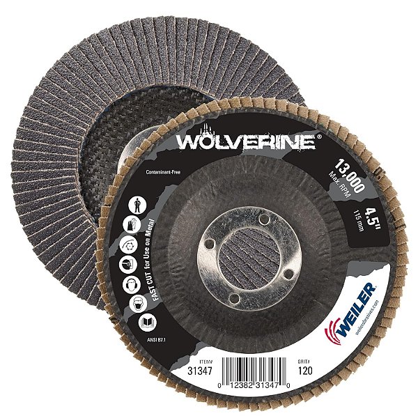Disco de Aletas Abrasivas Weiler 31347 Wolverine 4-1/2 x 7/8 Furo de Arbor, 120 Granulação Zircônia Alumina, Tipo 29 em Bisel, Base Fenólica, Densidade
