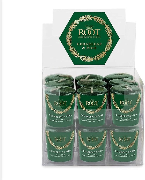 Velas de cera de abelha Premium, Edição Limitada de Festas, Aroma Festivo de Cedro e Pinheiro, Votivas 18-Pack da Root Candles