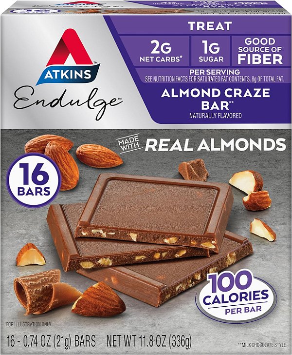 Atkins Endulge Treat, Barra de Amêndoas, 2g de Carboidratos Líquidos, 1g de Açúcar, Boa Fonte de Fibra, Amigo do Keto, Caixa com 16 Unidades.